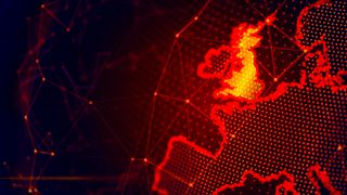 Mockup of the UK viewed from space, but with a neon red overlay to demote global cyber security