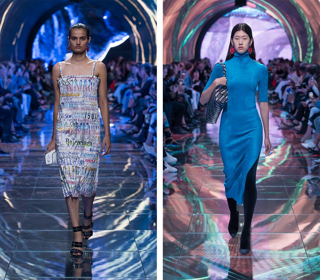 Models wear Balenciaga-logo dress and blue dress