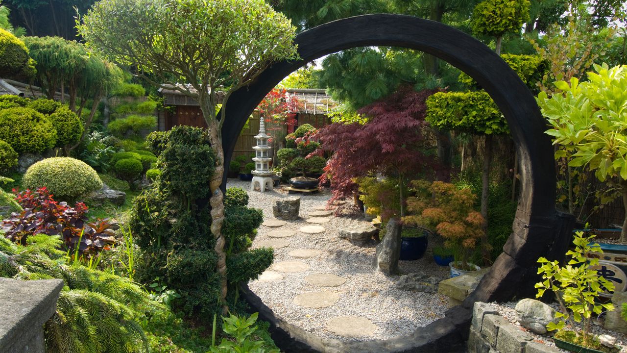 Japanese garden ideas: Japanese style garden with moon gate, rocks, shrubs and trees