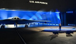 US Secretary of Defense Lloyd Austin speaks at the B-21 Raider unveiling ceremony at Northrop Grumman's Air Force Plant 42 in Palmdale, California, December 2, 2022