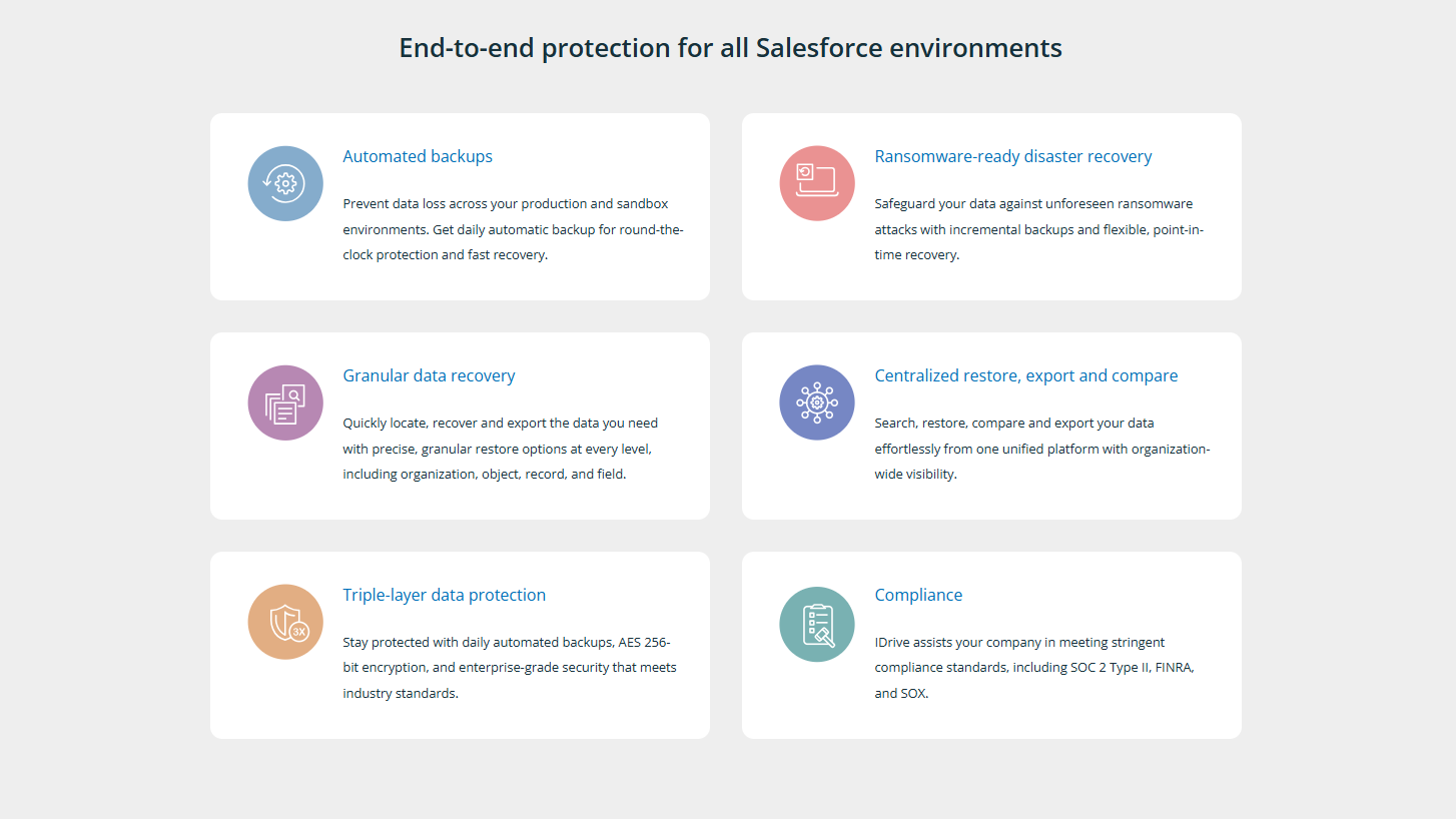 Salesforce IDrive backup features page