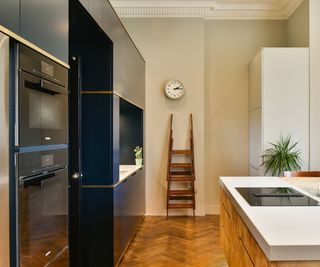 kitchen with blue units, wooden floor and soft grey walls