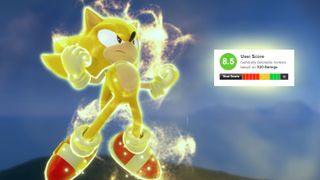 Super Sonic, glowing gold, poses in the air next to an 8.5 Metacritic user review average. 