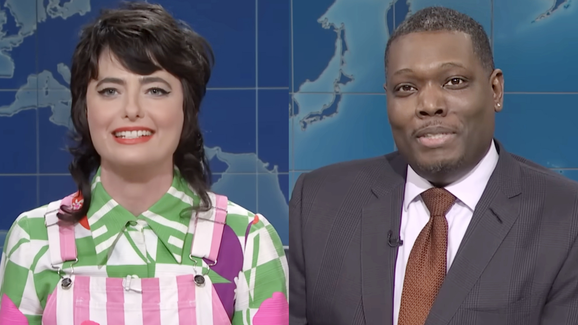 Sarah Sherman appears on Weekend Update hosted by Michael Che, who is pictured next to her, both at the Weekend Update desk.