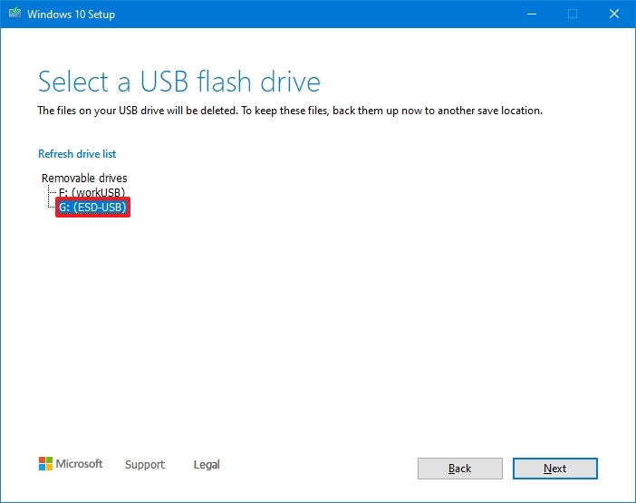 Выберите вариант USB-накопителя, чтобы создать установщик UEFI Windows 10.