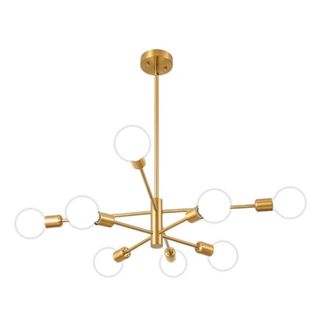 A gold sputnik chandelier with eight white globes and a hanging base