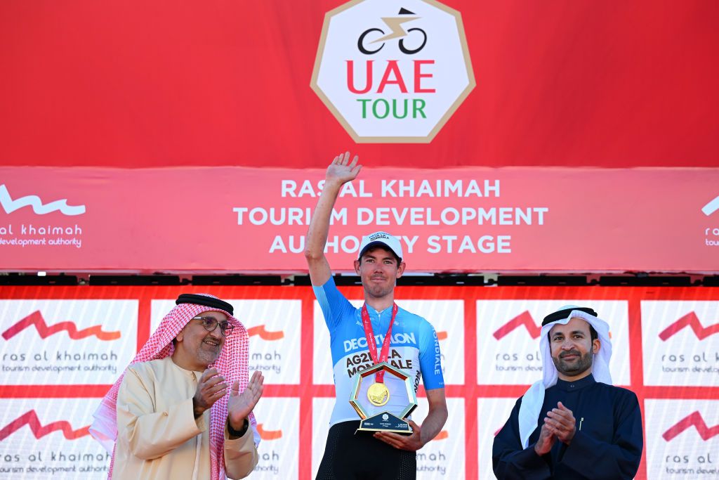 JEBEL JAIS UNITED ARAB EMIRATES FEBRUARY 21 Ben OConnor of Australia and Team DecathlonAG2R La Mondiale celebrates at podium as stage winner during the 6th UAE Tour 2024 Stage 3 a 176km stage from Al Marjan Island Al Jazirah Al Hamra to Jebel Jais 1489m UCIWT on February 21 2024 in Jebel Jais United Arab Emirates Photo by Tim de WaeleGetty Images