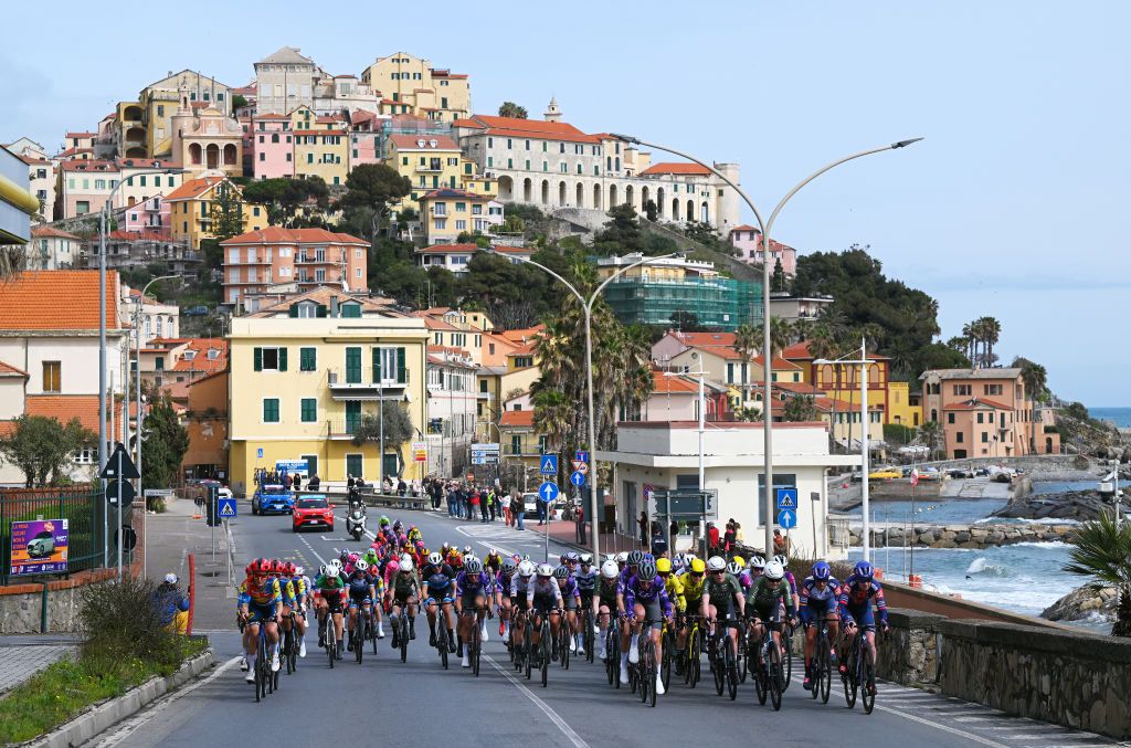 SANREMO ITALY MARCH 22 A general view of the peloton passing through Imperia village close to Cipressa during the 1st Sanremo Women 2025 a 156km one day race from Genova to Sanremo UCIWWT on March 22 2025 in Sanremo Italy Photo by Tim de WaeleGetty Images
