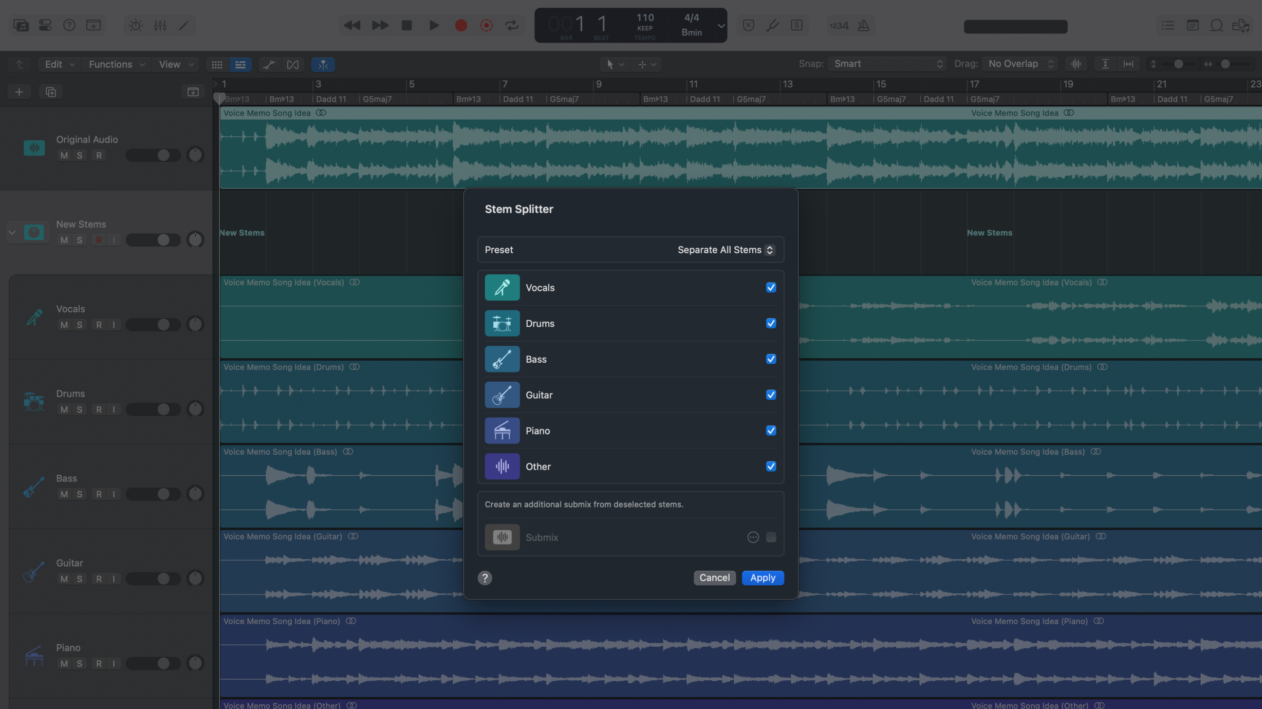 Logic Pro for Mac new Stem Splitter