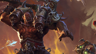 Garrosh Hellscream swings his axe violently in the key art for Mists of Pandaria: Remix, shrouded in flames and smog.