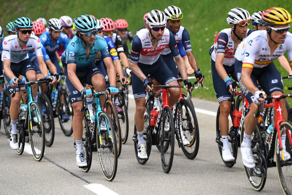 VALLE SPLUGA ALPE MOTTA ITALY MAY 29 Gorka Izagirre Insausti of Spain and Team Astana Premier Tech Bauke Mollema of Netherlands and Team Trek Segafredo Vincenzo Nibali of Italy and Team Trek Segafredo during the 104th Giro dItalia 2021 Stage 20 a 164km stage from Verbania to Valle Spluga Alpe Motta 1727m Switzerland CHE UCIworldtour girodiitalia Giro on May 29 2021 in Valle Spluga Alpe Motta Italy Photo by Tim de WaeleGetty Images