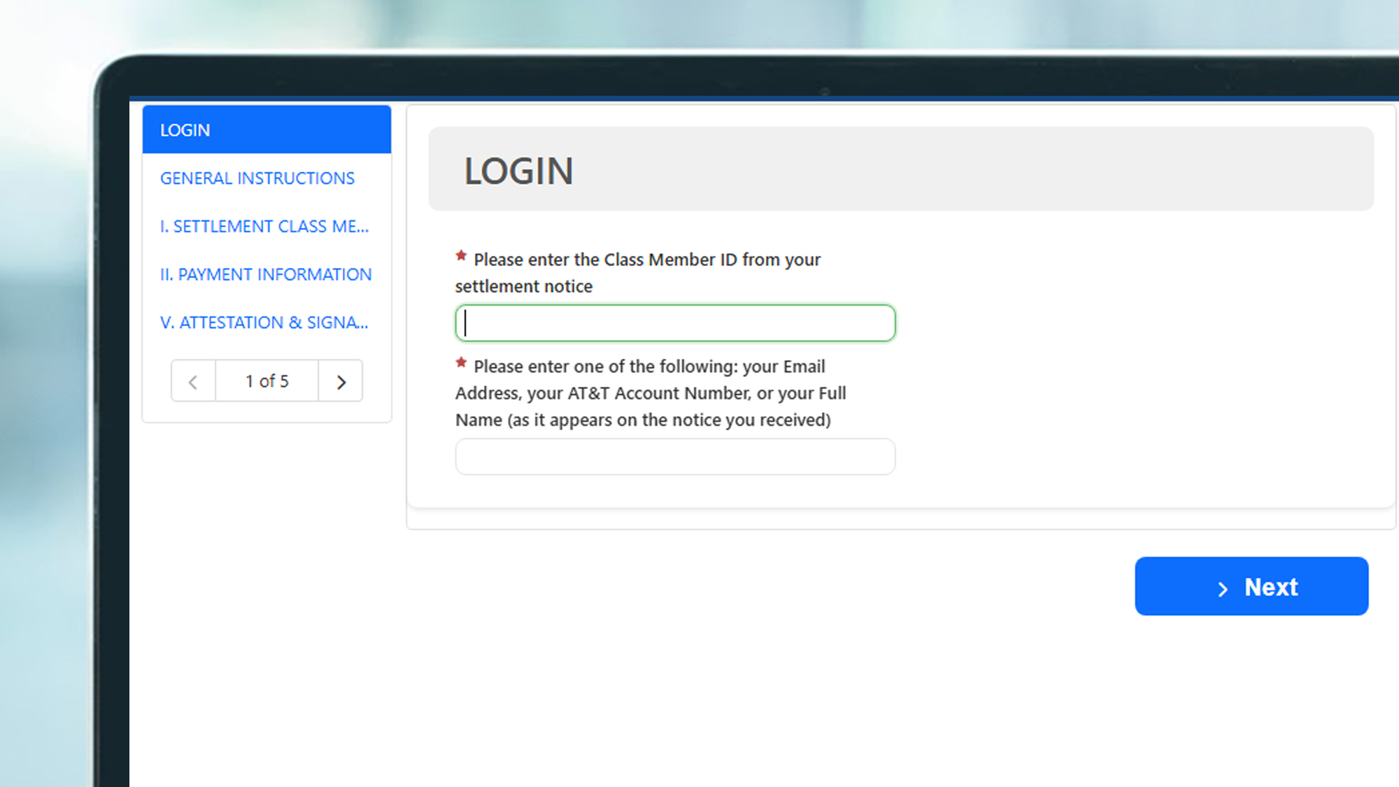 A laptop screen showing the login for an AT&amp;amp;T settlement