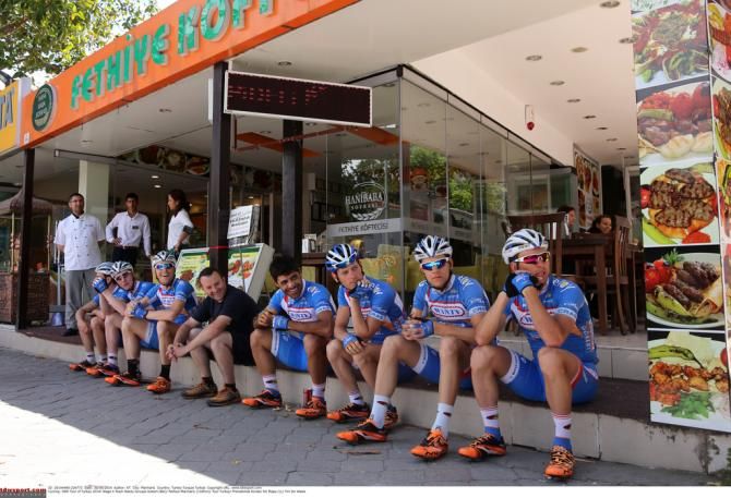 Wanty Groupe Gobert relax before the start of the race