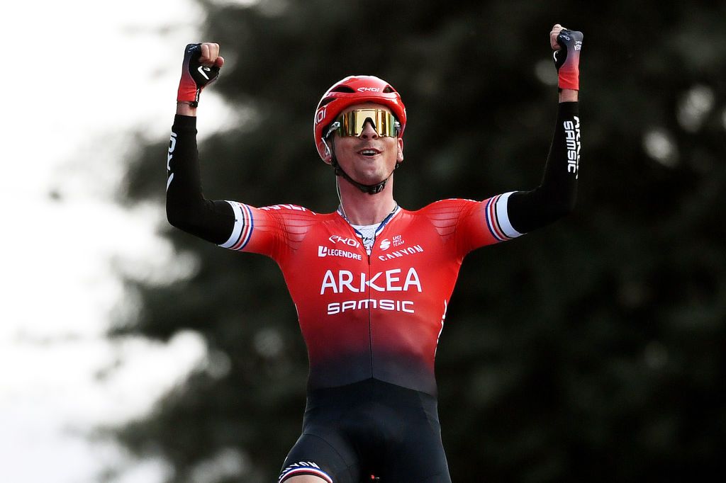 FERMO ITALY MARCH 11 Warren Barguil of France and Team Arka Samsic celebrates at finish line as stage winner during the 57th TirrenoAdriatico 2022 Stage 5 a 155km stage from Sefro to Fermo 317m TirrenoAdriatico WorldTour on March 11 2022 in Fermo Italy Photo by Tim de WaeleGetty Images