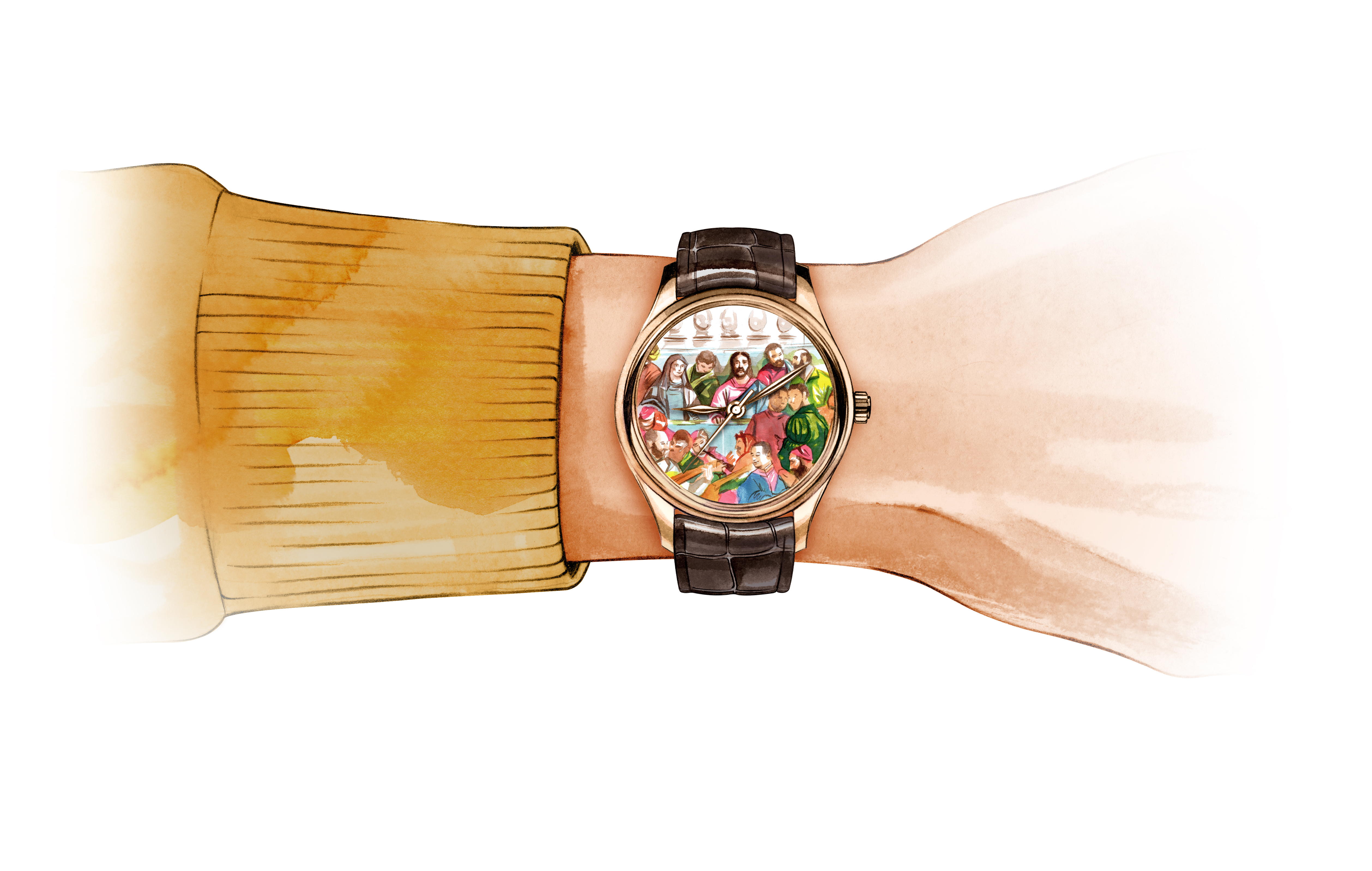Brown leather strap and painted dial watch illustration on man's wrist