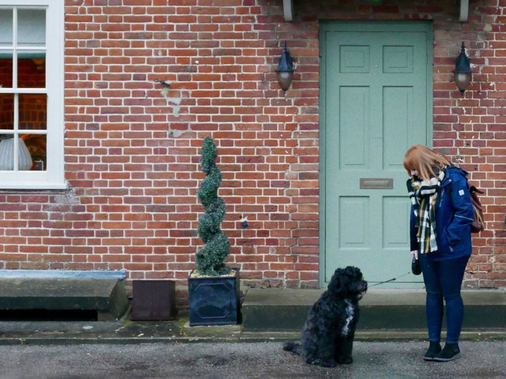 brown brick house with dog and women