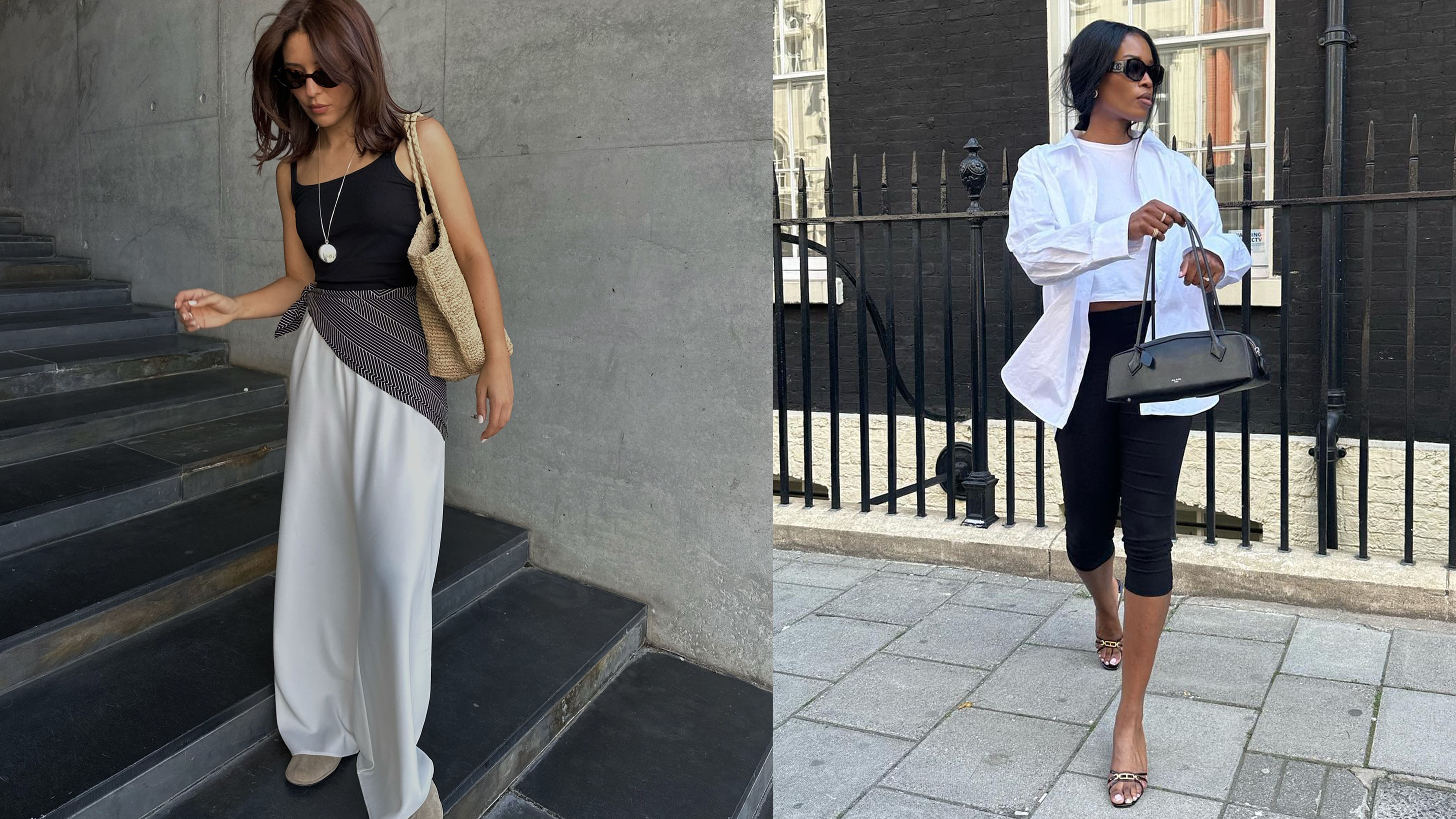 Two women in black and white summer outfits
