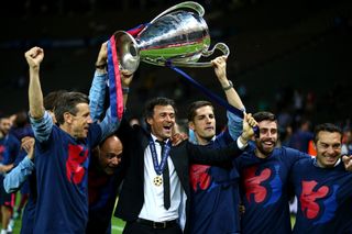 Luis Enrique celebrates with his coaching staff after Barcelona's Champions League win over Juventus in 2015.