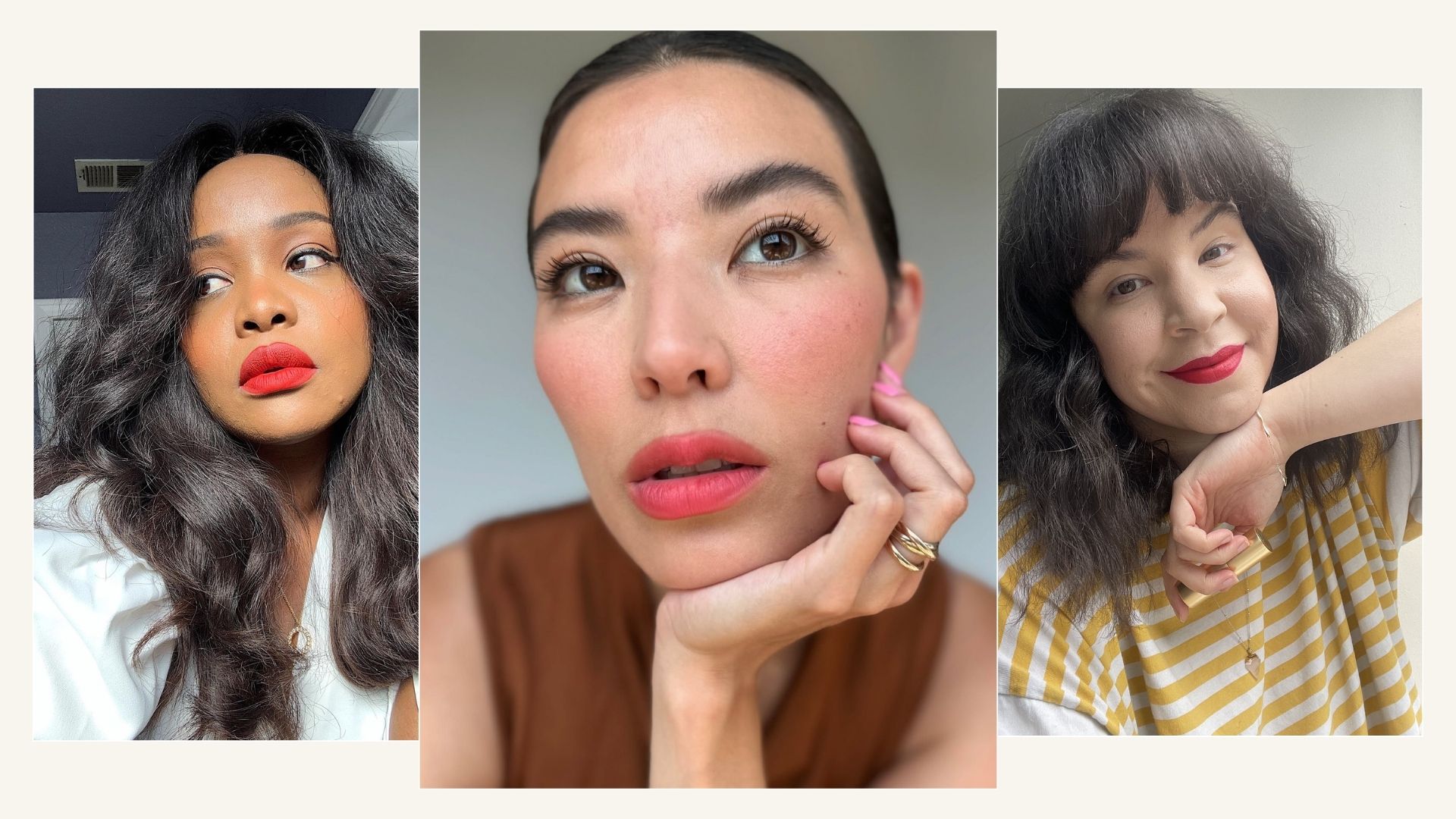 A collage of women wearing matte lipstick looks