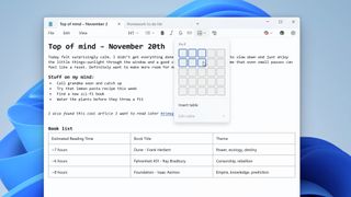 A screenshot of Windows Notepad, demonstrating the use of tables, as created by Microsoft
