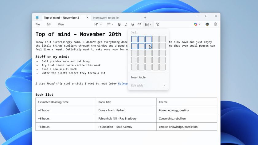A screenshot of Windows Notepad, demonstrating the use of tables, as created by Microsoft