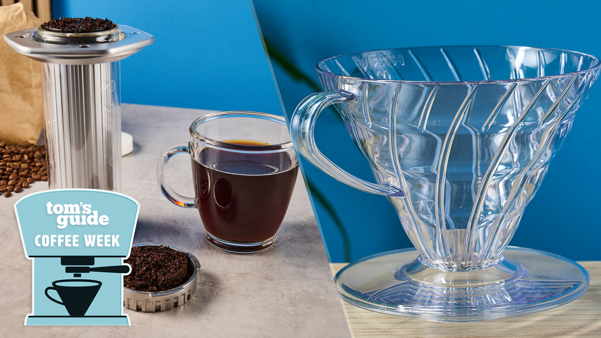 a photo of the aeropress premium and hario v60 with a tom's guide coffee week badge