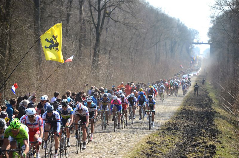 The peloton passes through the Arenberg in 2014
