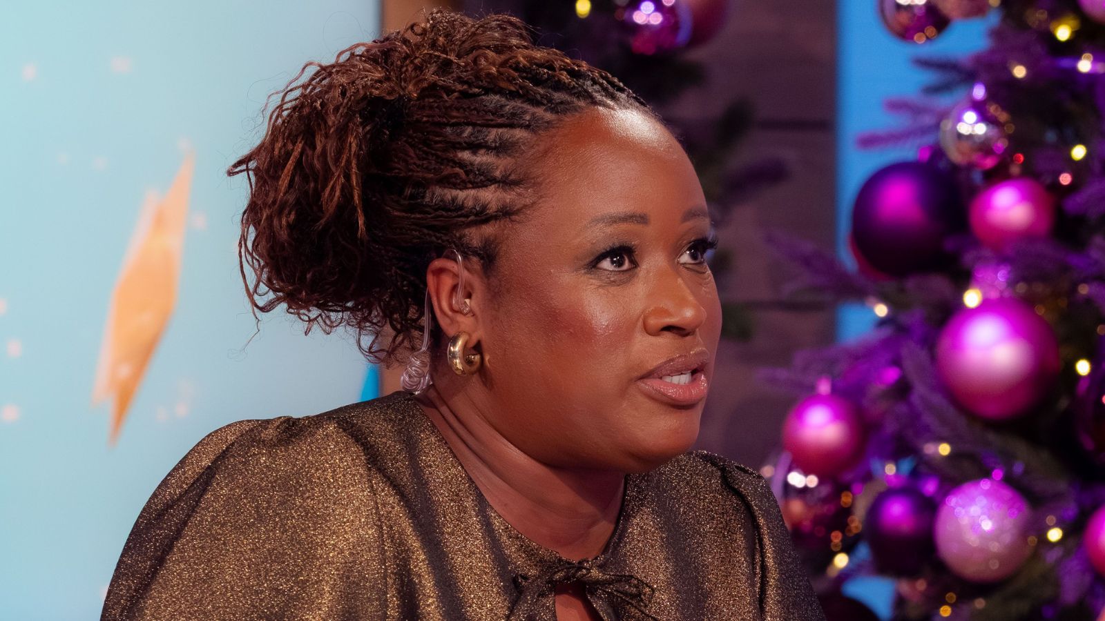 Charlene White on Loose Women in festive gold top