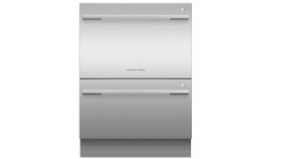 A double Fisher & Paykel dishwasher on a white background