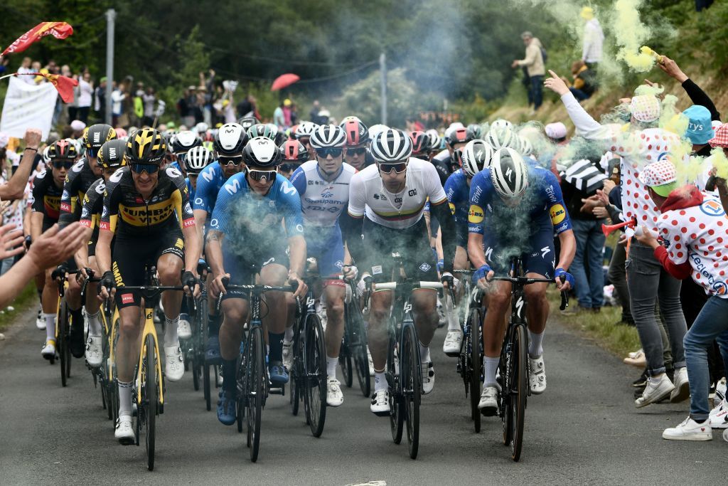 The pack rides during the 1st stage of the 108th edition of the Tour de France cycling race 197 km between Brest and Landerneau on June 26 2021 Photo by Philippe LOPEZ AFP Photo by PHILIPPE LOPEZAFP via Getty Images