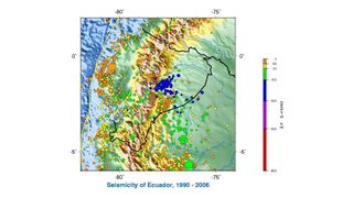 Map showing the seismicity of Ecuador, 1990-2006. Ecuador is a shakey place, as this map shows. The 1906 quake struck just off-shore.