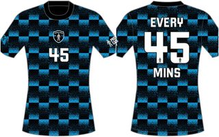 A front and back view of the Prostate United shirt for 2024, with the black and blue pattern and '45' numbering.