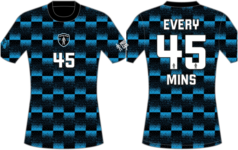 A front and back view of the Prostate United shirt for 2024, with the black and blue pattern and '45' numbering.