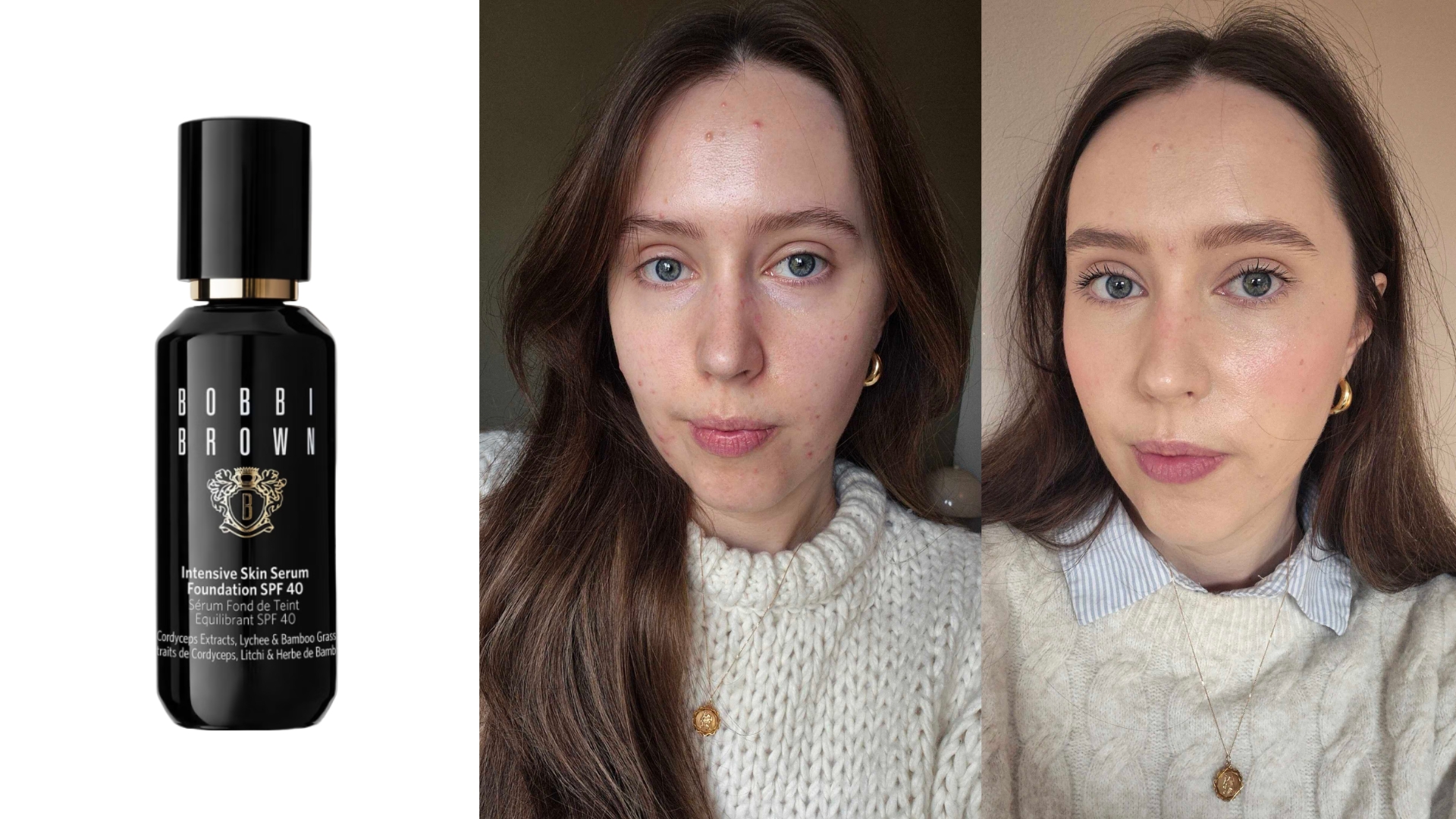 On the left is a product shot of the Bobbi Brown Intensive Serum Foundation SPF 40/30 on a white background, followed by before and after pictures of Digital Beauty Writer, Naomi Jamieson, first without any makeup and then wearing the Bobbie Brown foundation along with a full face of makeup.