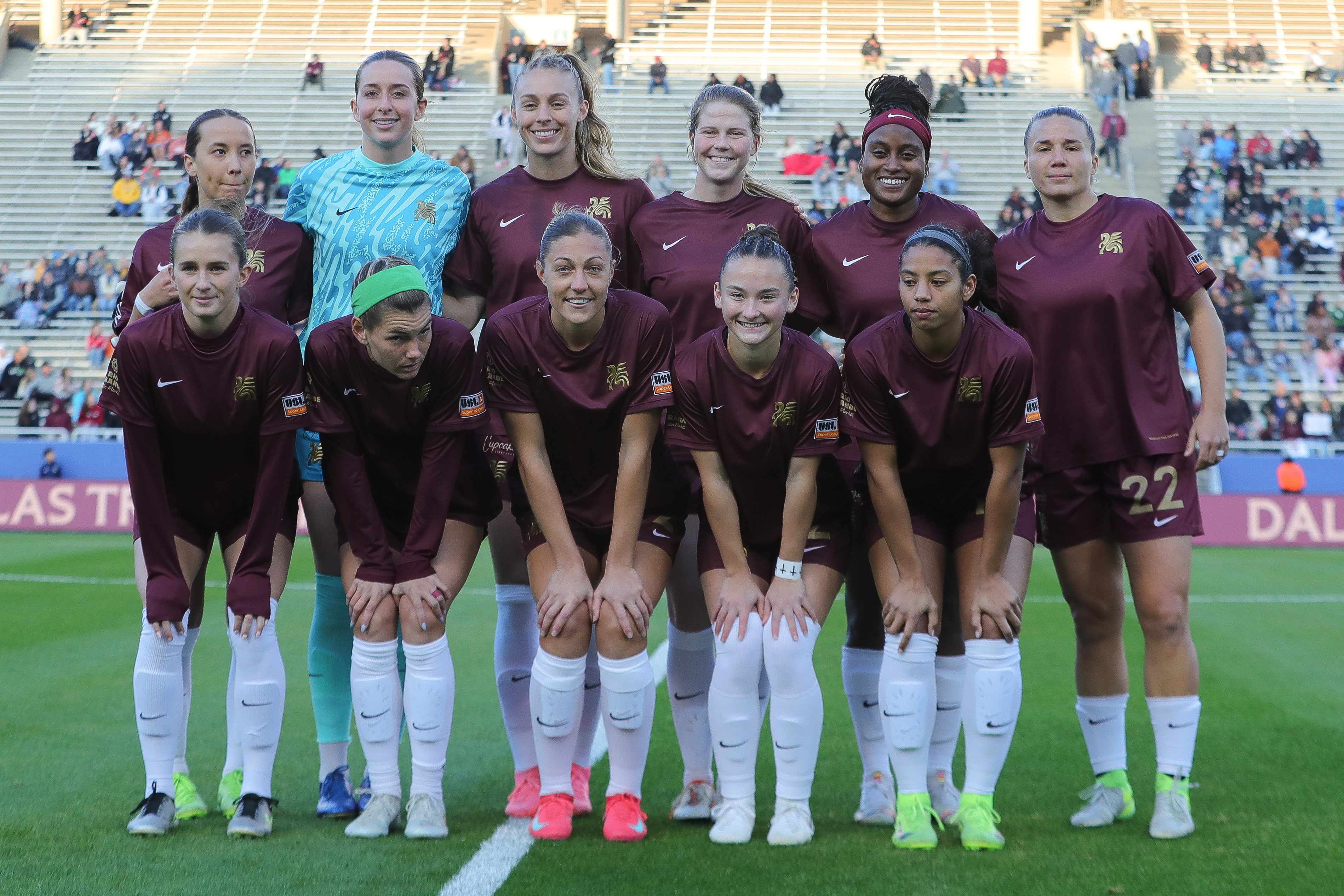 DALLAS, TEXAS - FEBRUARY 15: Players of Dallas Trinity FC pose for pictutre before a match against Tampa Bay Sun FC at Cotton Bowl on February 15, 2025 in Dallas, Texas. (Photo by Omar Vega/Getty Images)