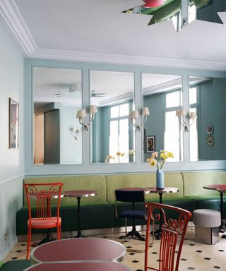 Interior of breakfast room or cafe with tables and chairs