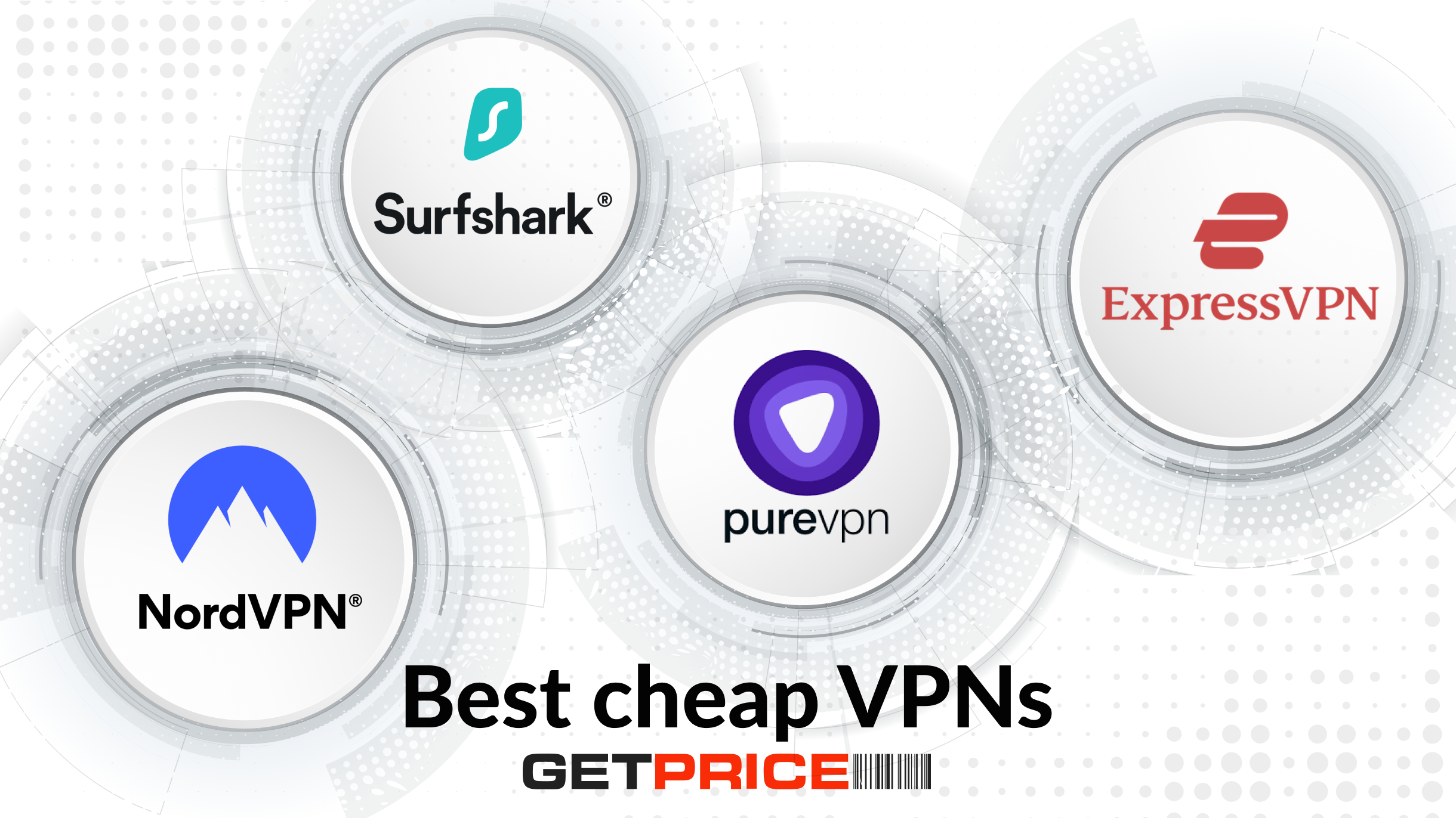 White background with four round logos of VPN companies with Best cheap VPNs written below 