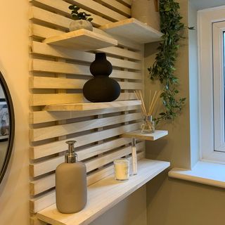 a close up of a wooden wall shelf feature containing a variety of products, diffusers and pot plants on the shelves