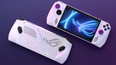 The Asus ROG Ally in white, shown front and back on a purple background