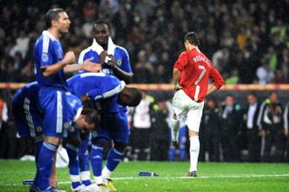 Cristiano Ronaldo reacts after missing a penalty for Manchester United against Chelsea in the shootout in the 2008 Champions League final.