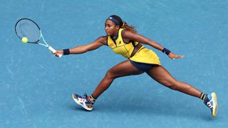 Coco Gauff of the United States plays a forehand prior to the Kostyuk vs Gauff live stream for the Australian Open 2024 quarter-final.