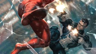 Punisher blasting away at Daredevil with two guns as Daredevil leaps into action