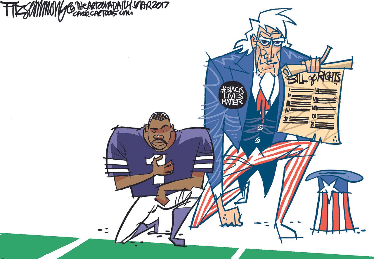 Political cartoon U.S. NFL kneeling freedom of speech Black Lives Matter