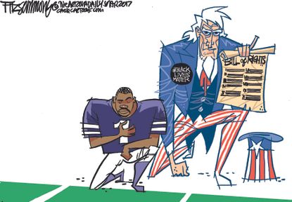 Political cartoon U.S. NFL kneeling freedom of speech Black Lives Matter