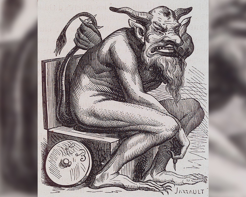Depiction of the demon Belphégor, a demon of discovery and of ingenious inventions who often takes the form of a young woman, from J.A.S. Collin de Plancy.
