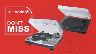 Audio-Technica and Sony turntables on a red background