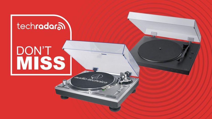 Audio-Technica and Sony turntables on a red background