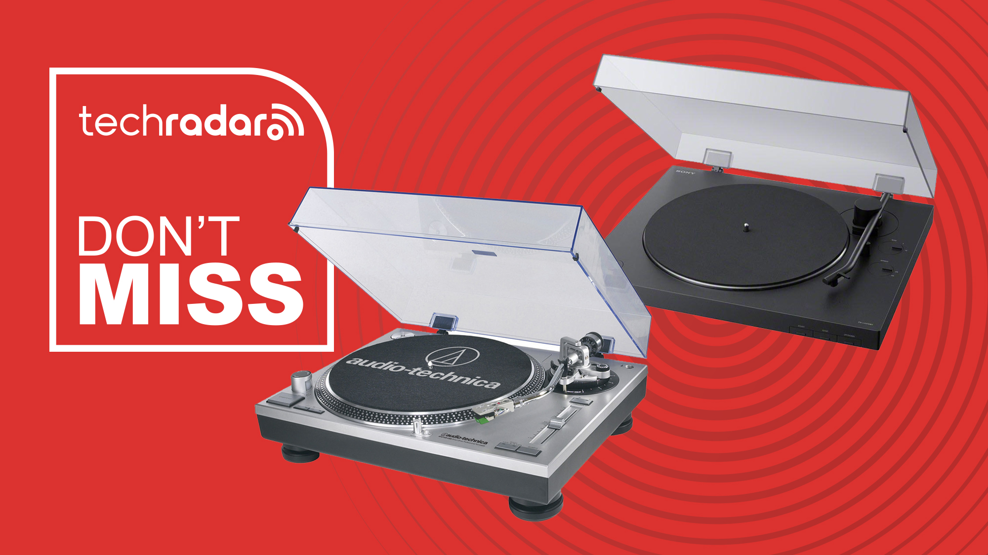 Audio-Technica and Sony turntables on a red background