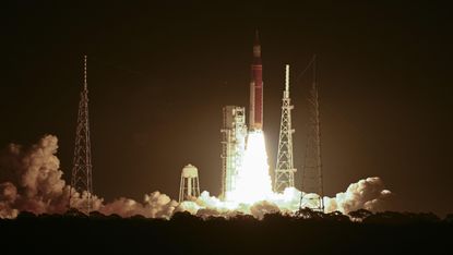 The Space Launch System blasts off from its Florida launchpad.