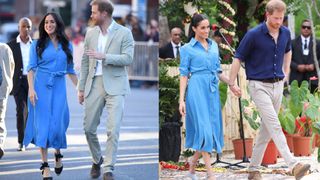 Two photos of Meghan Markle holding Prince Harry's hand and wearing the same blue dress